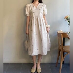 Cottagecore Cream Embroidered Floral Midi Dress Sz